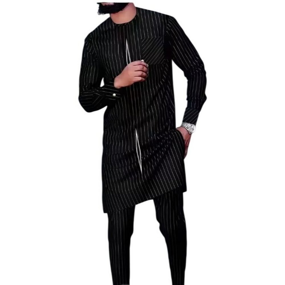 African Formal Dashiki black & white striped Pant Suit Traditional Dress Outfit